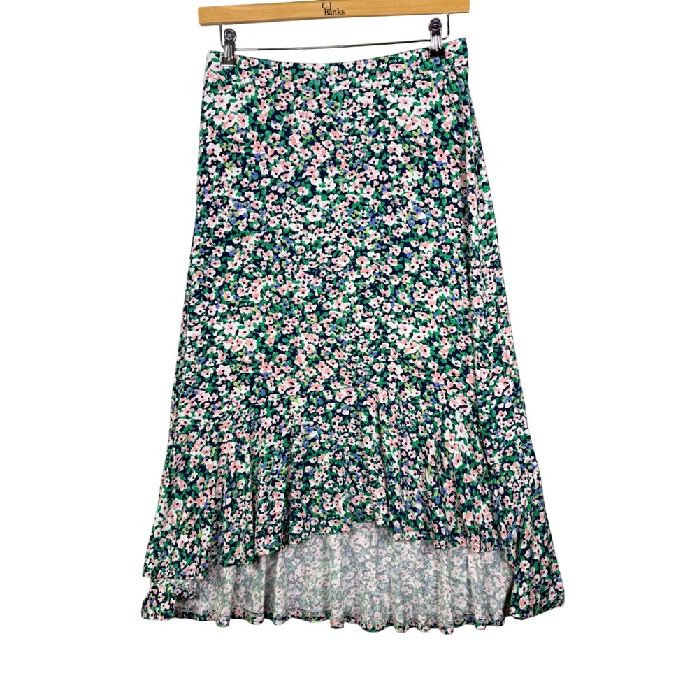 Talbots Floral Midi Skirt Size MP Jersey Knit Ruffle Hem Navy Cottagecore Flowy